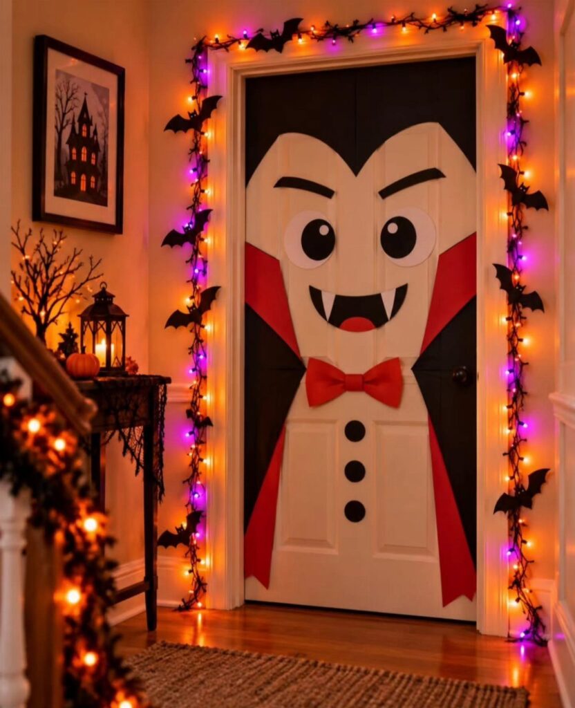 Vampire face decoration on a white door framed by bat lights and garlands.