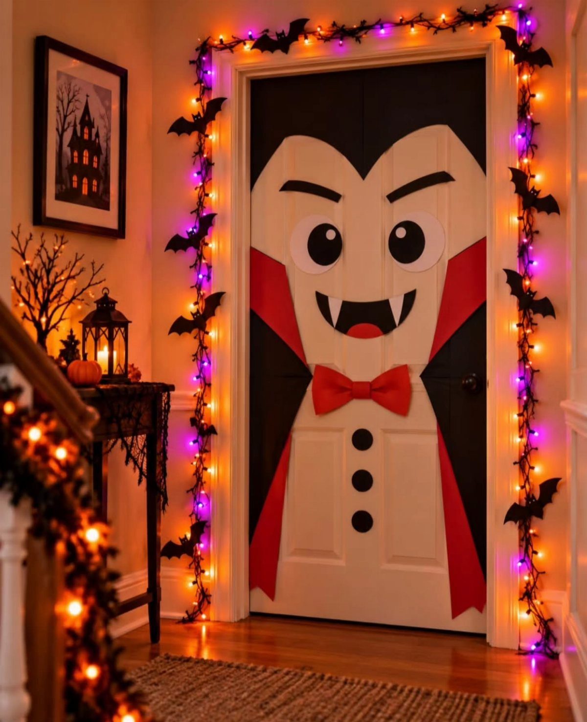 Vampire face decoration on a white door framed by bat lights and garlands.