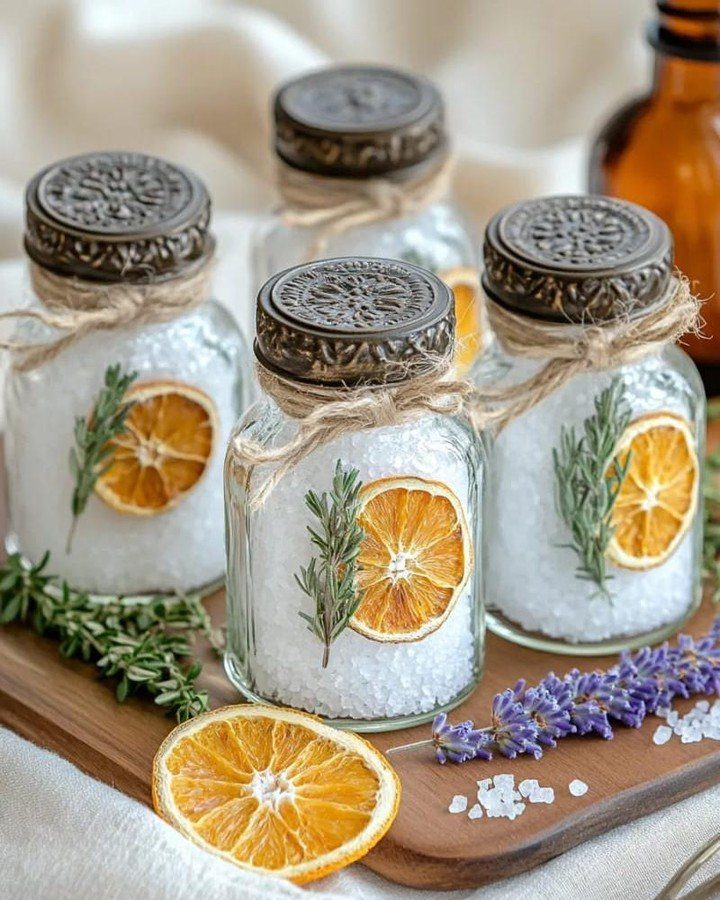 Glass jars filled with white bath salts, dried orange slices, and rosemary sprigs.