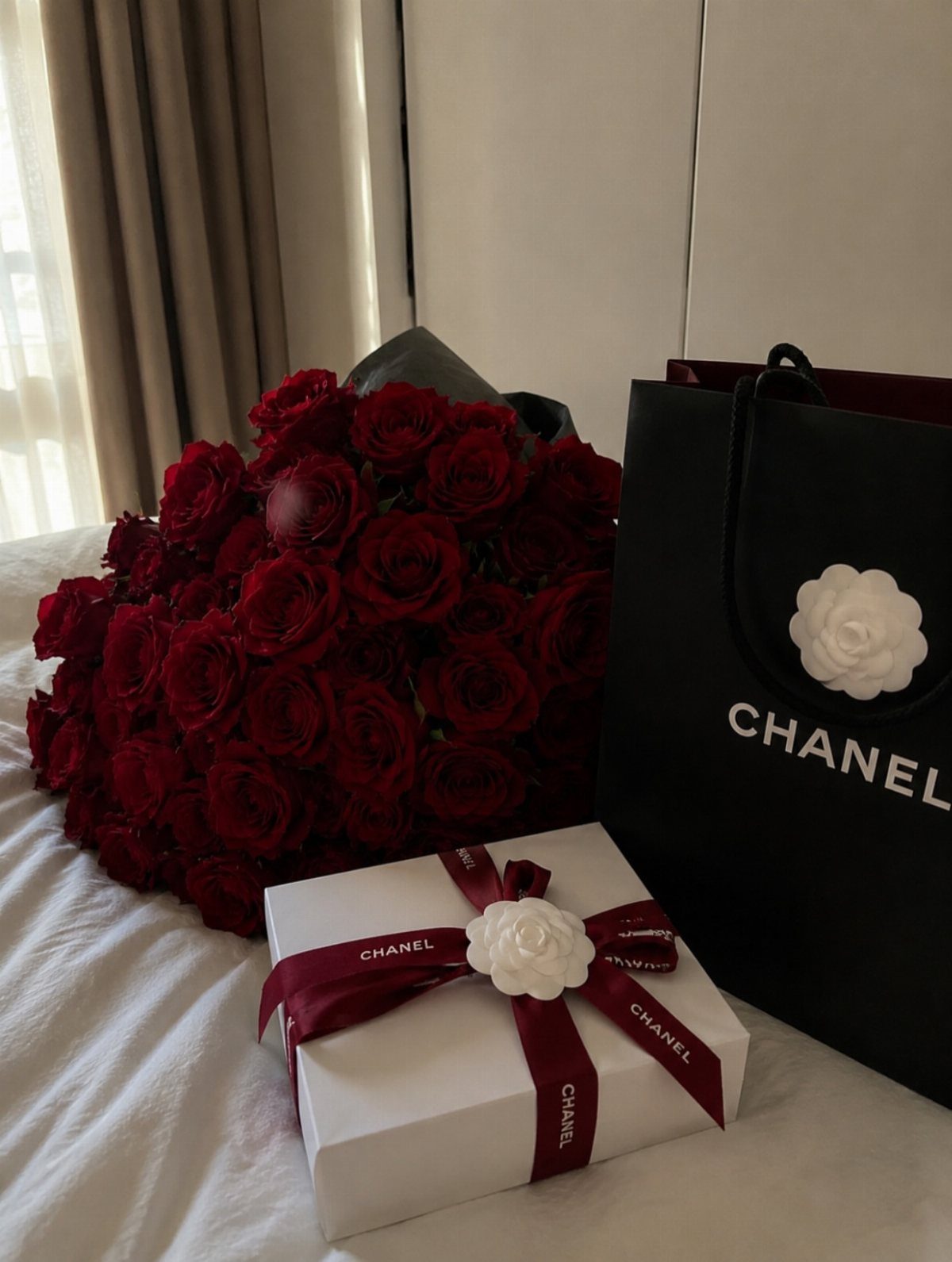 Red roses, a white Chanel gift box, and a black Chanel shopping bag.