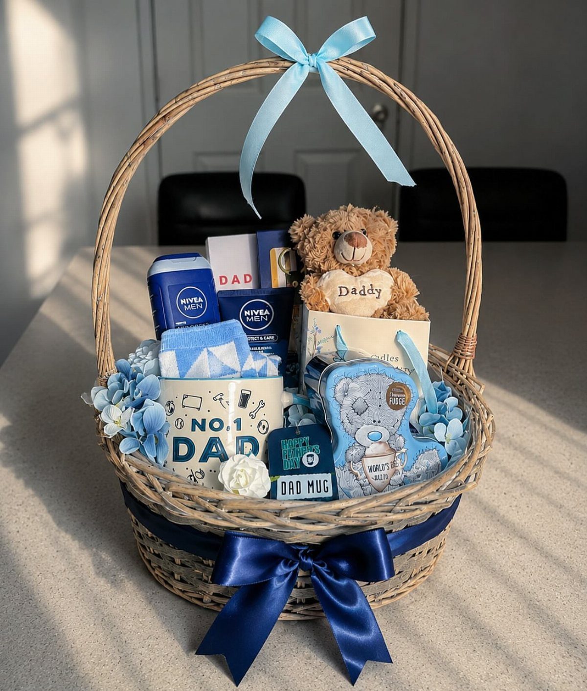 Wicker gift basket for Father's Day containing a Dad mug, teddy bear, and toiletries.
