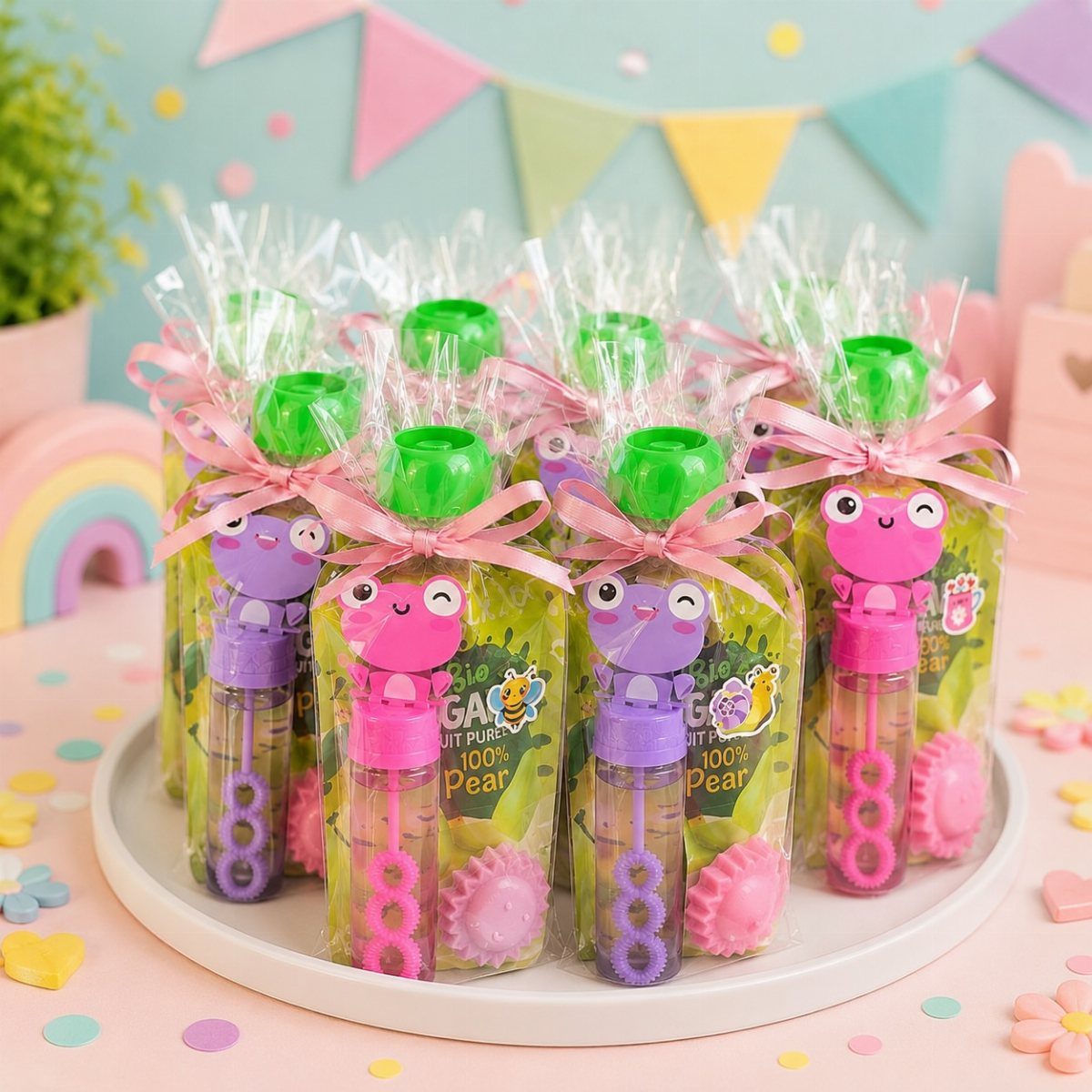 Clear gift bags with pink ribbons containing pear juice and colorful bubble wands.