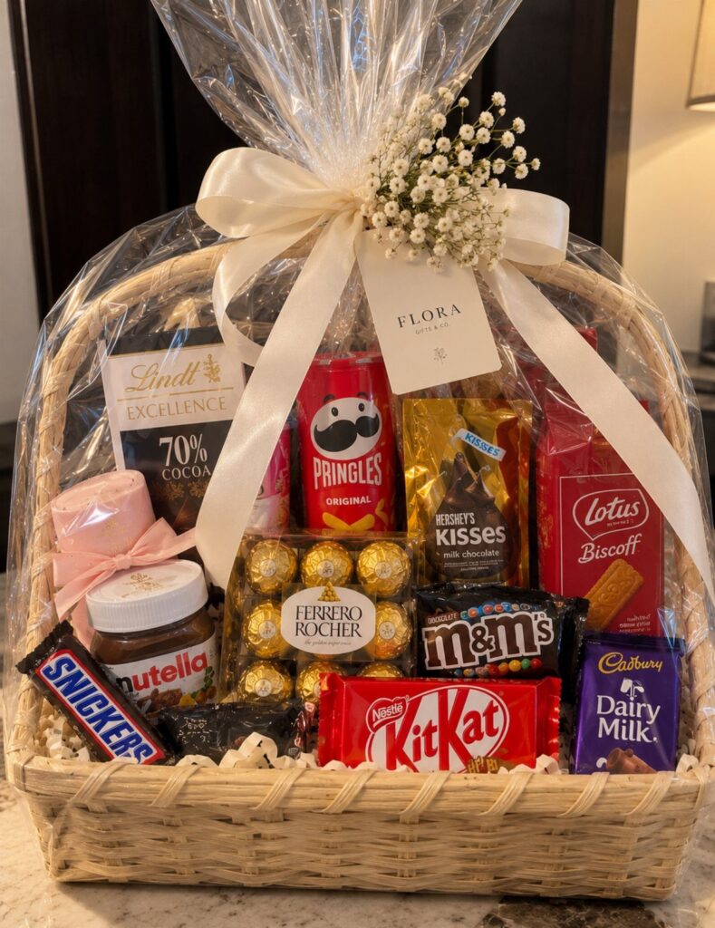 Wicker gift basket filled with assorted chocolates and snacks wrapped in clear cellophane.