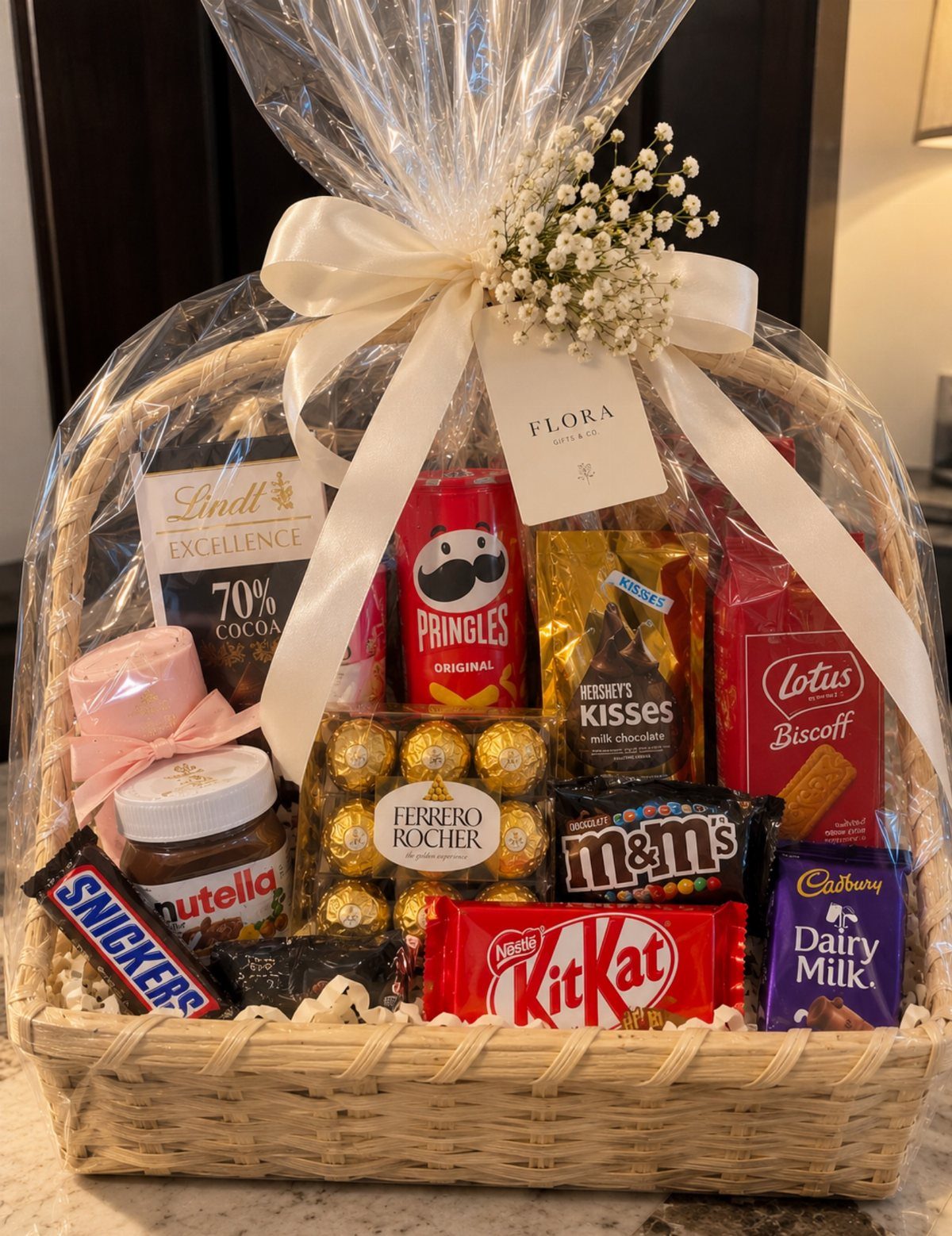Wicker gift basket filled with assorted chocolates and snacks wrapped in clear cellophane.