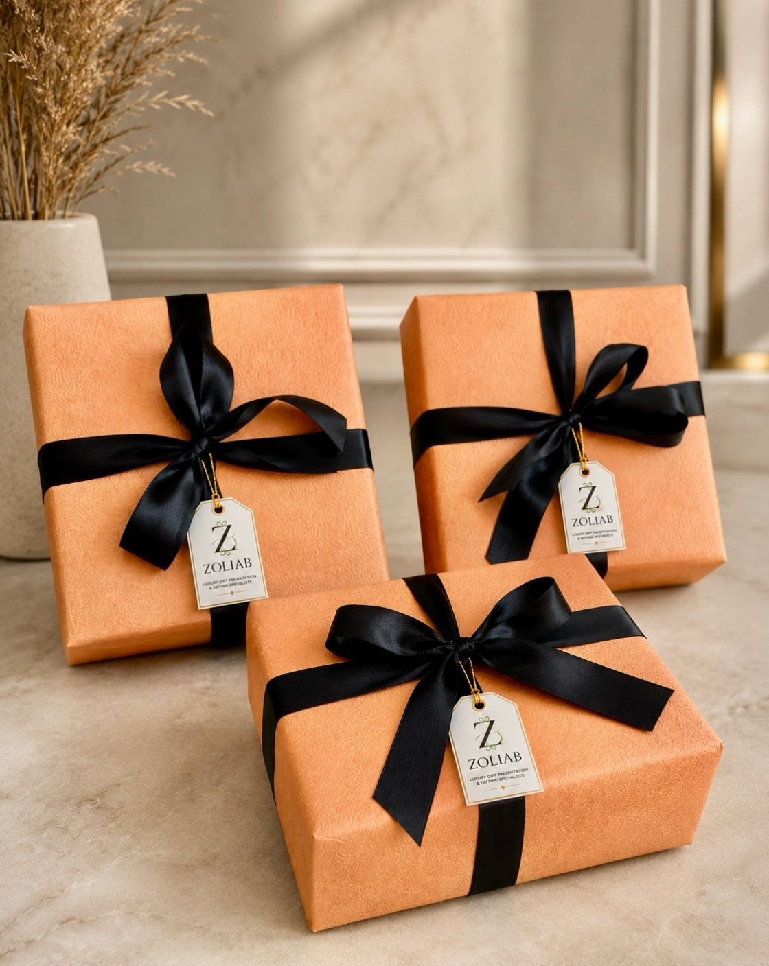 Three orange wrapped gifts with black ribbons and branded white gift tags.