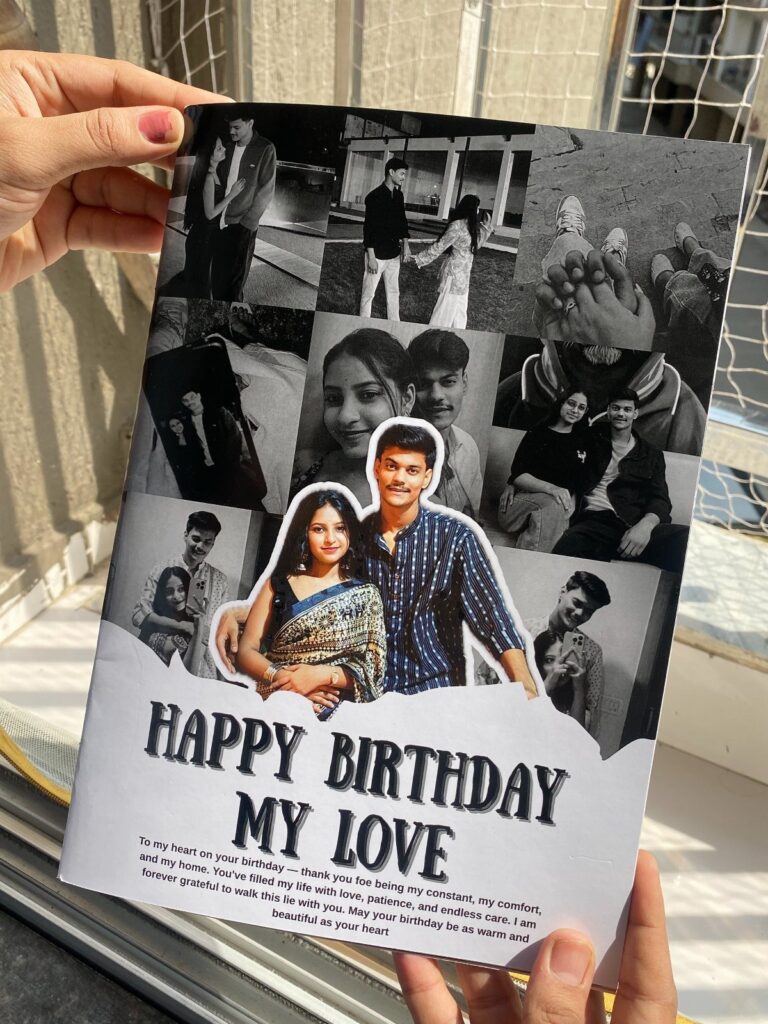 Personalized memory book cover with a photo collage and birthday message for a partner.