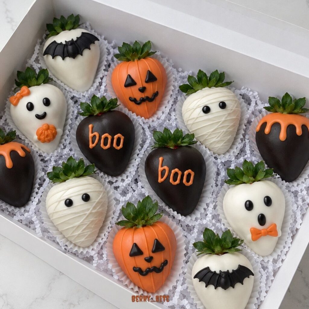 Chocolate covered strawberries decorated as ghosts, pumpkins, and bats in a gift box.