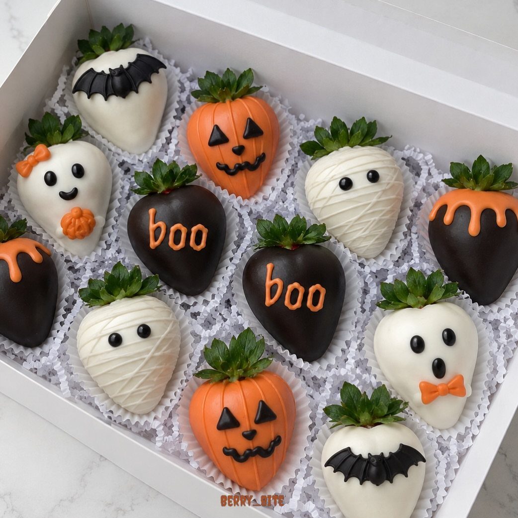 Chocolate covered strawberries decorated as ghosts, pumpkins, and bats in a gift box.