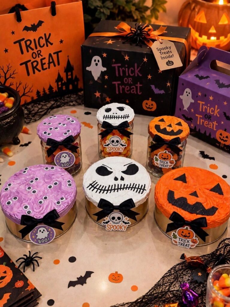 Halloween-themed jars decorated as monsters and pumpkins filled with colorful treats
