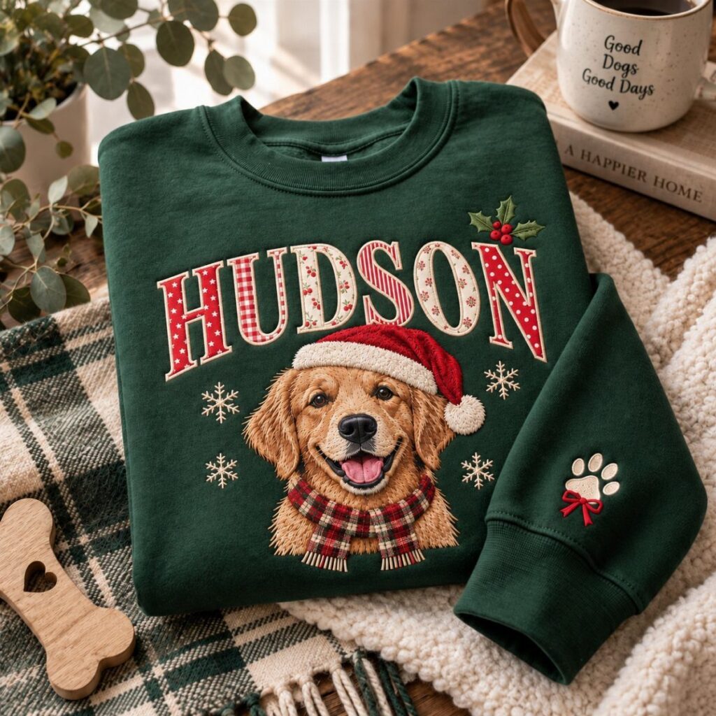 Green sweatshirt with a Golden Retriever wearing a Santa hat and the name Hudson.