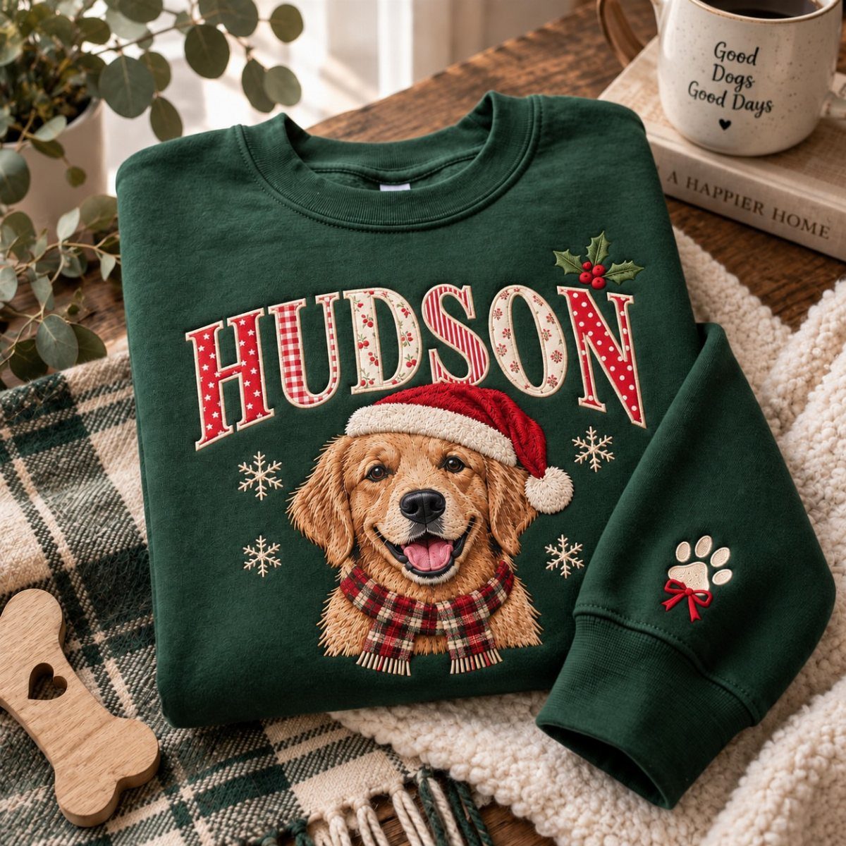 Green sweatshirt with a Golden Retriever wearing a Santa hat and the name Hudson.