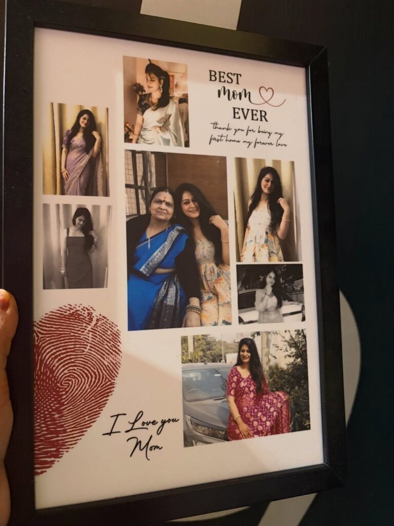 Black photo frame with a collage of family photos and heartfelt messages for Mom.