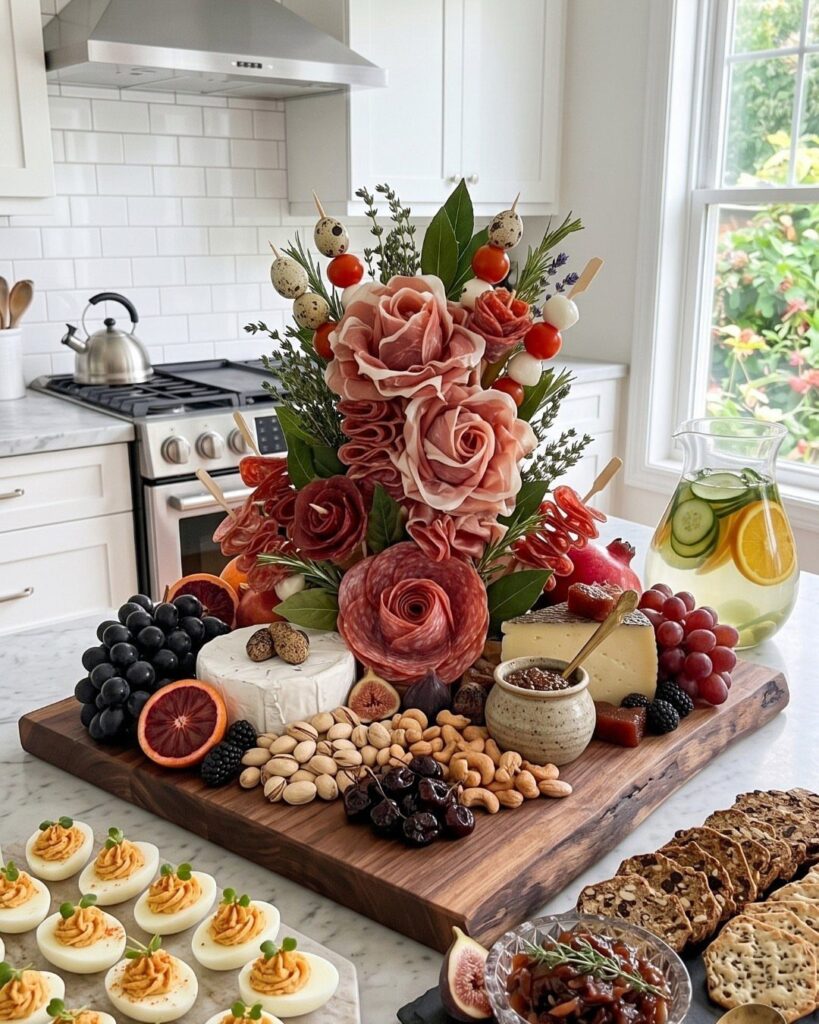 Wooden charcuterie board featuring salami roses, assorted cheeses, nuts, and fresh fruits.