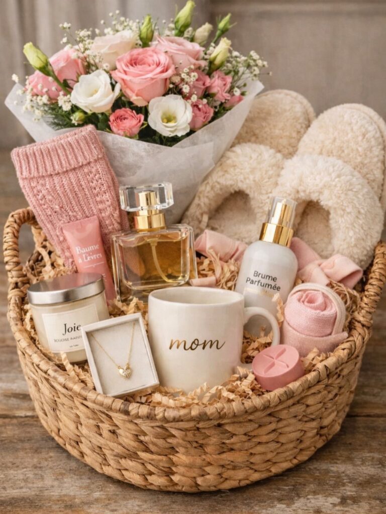 Woven gift basket with spa products, a mom mug, and pink roses.
