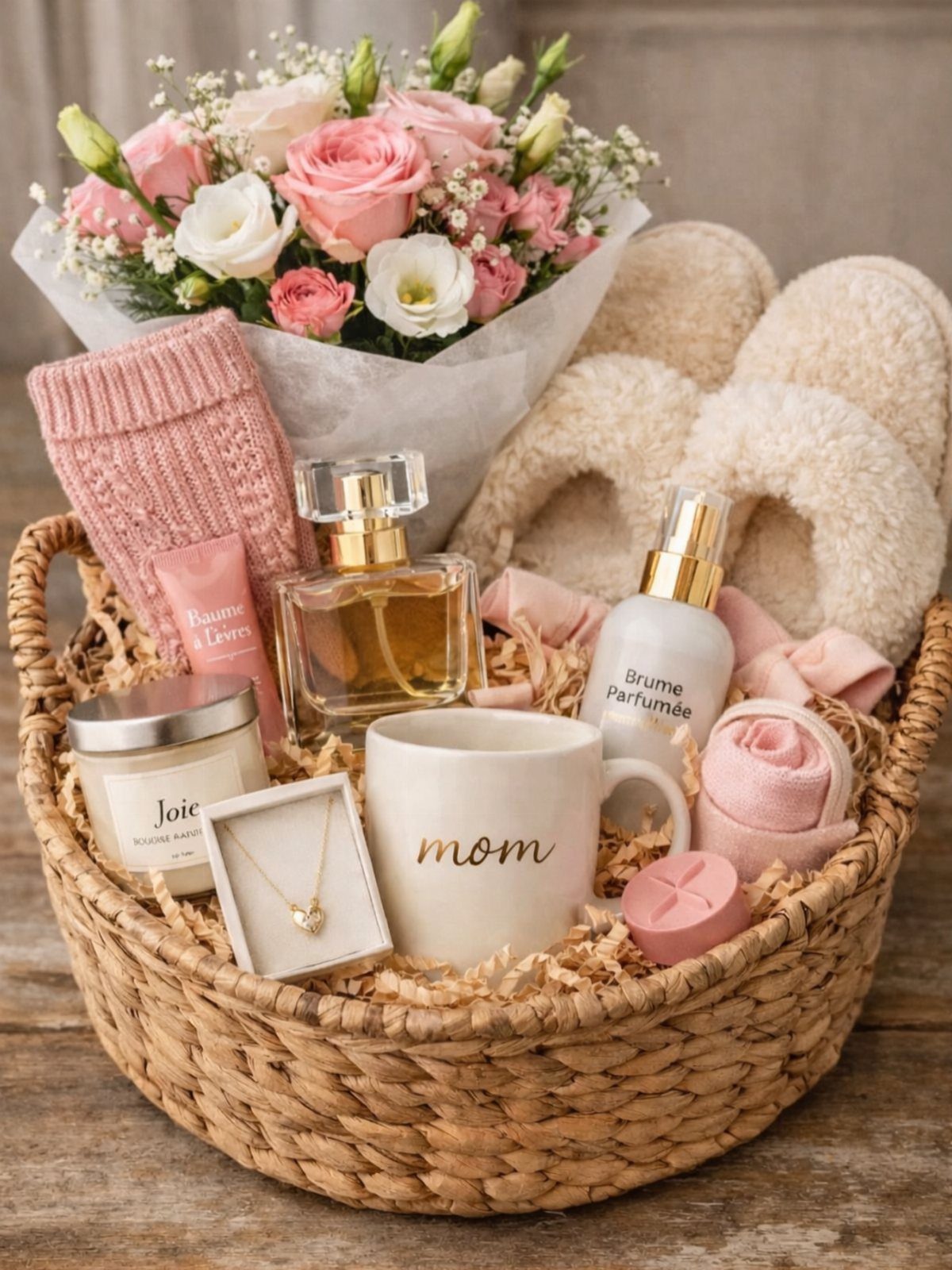 Woven gift basket with spa products, a mom mug, and pink roses.