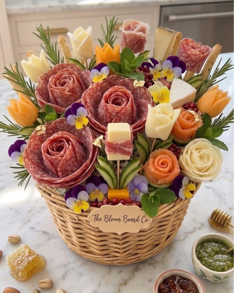 Charcuterie arrangement in a wicker basket with meat and cheese roses and flowers